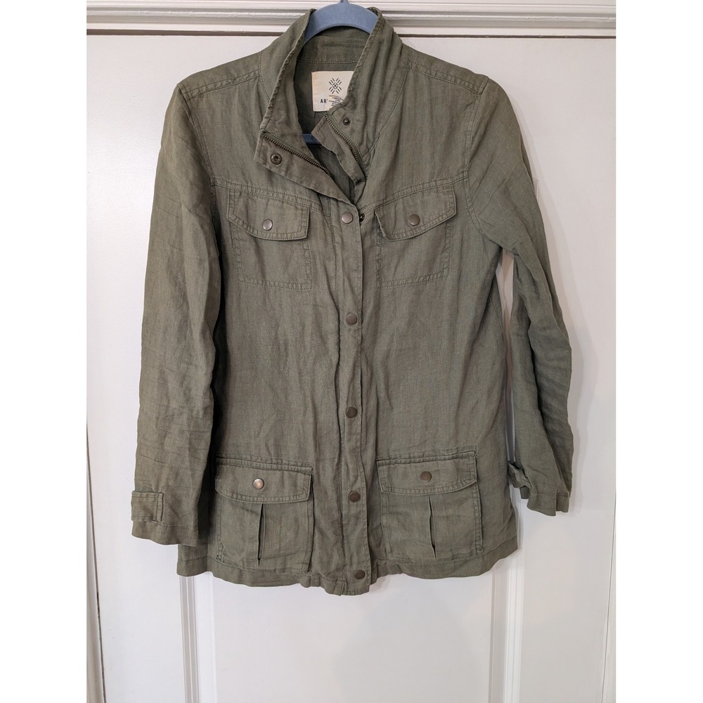 Artisan NY Women Olive Green 100% Linen Utility Field Jacket Size Small layering